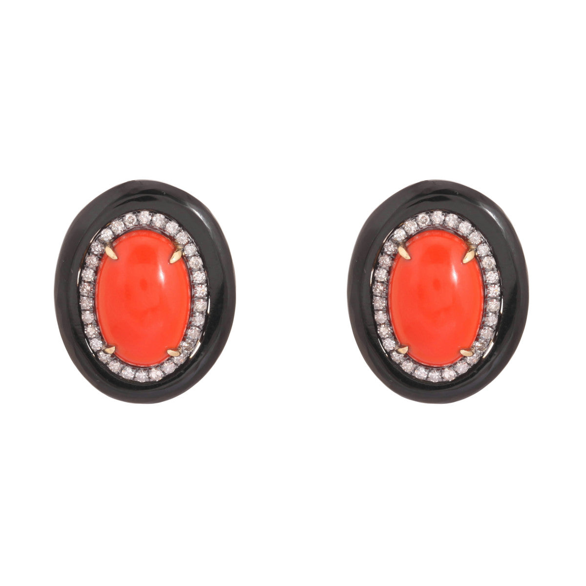 Pendientes Botón de Oro, Diamantes, Coral, Ónix