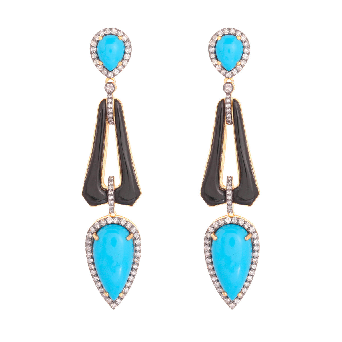Pendientes de Oro, Diamantes, Turquesas y Ónix