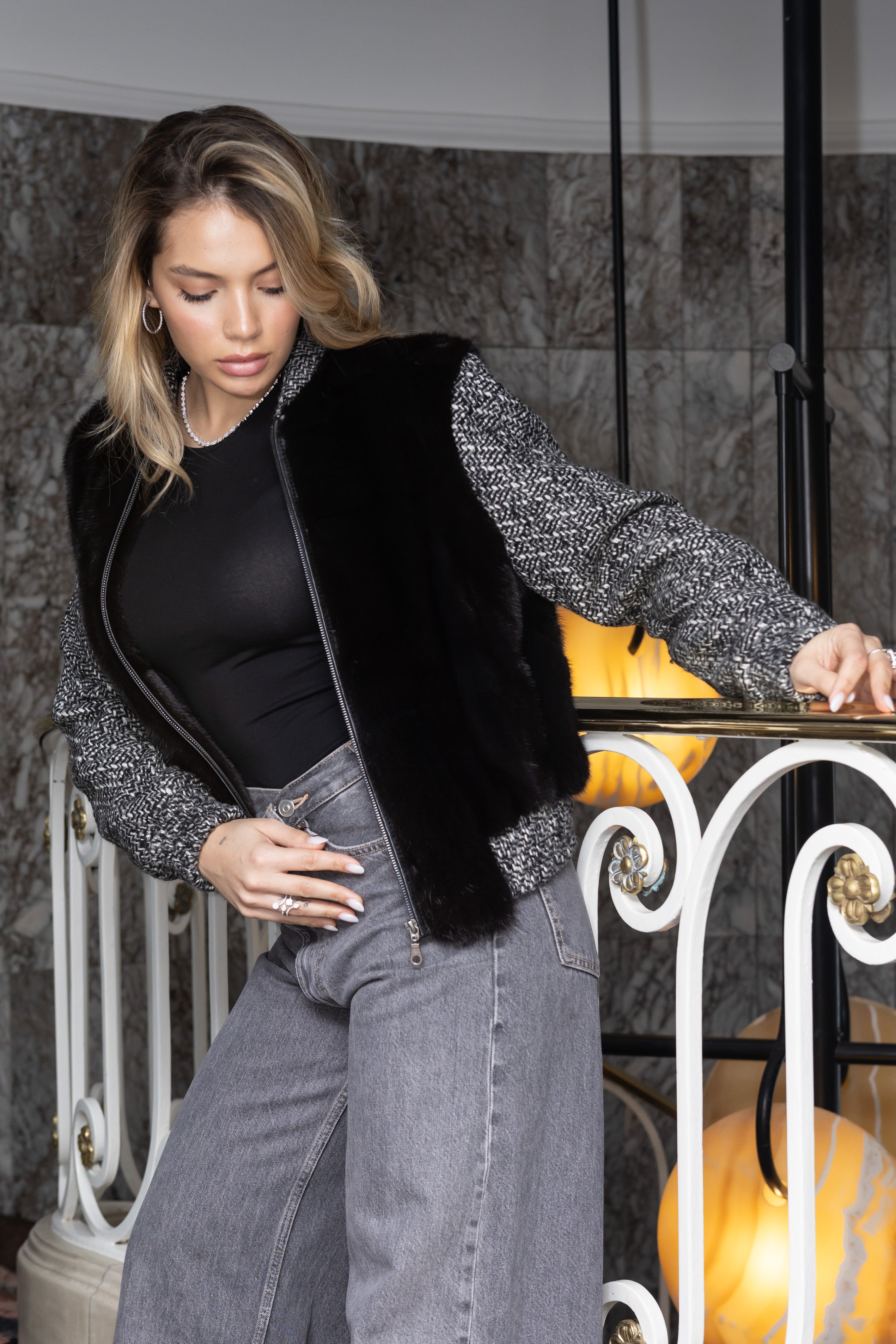 BOMBER VISÓN TWEED NEGRO