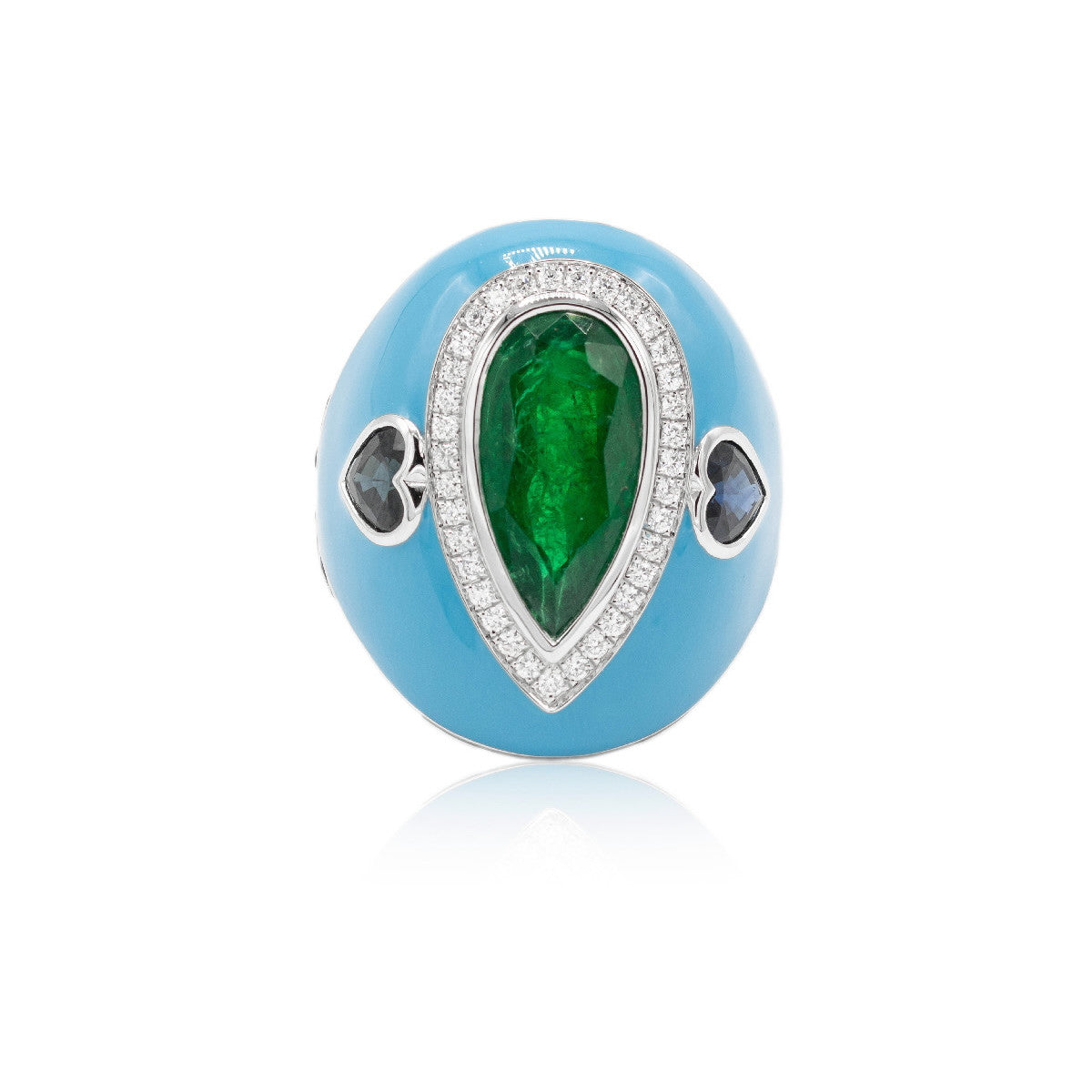 Anillo Esmeralda, Turquesas y Diamantes de Oro Blanco