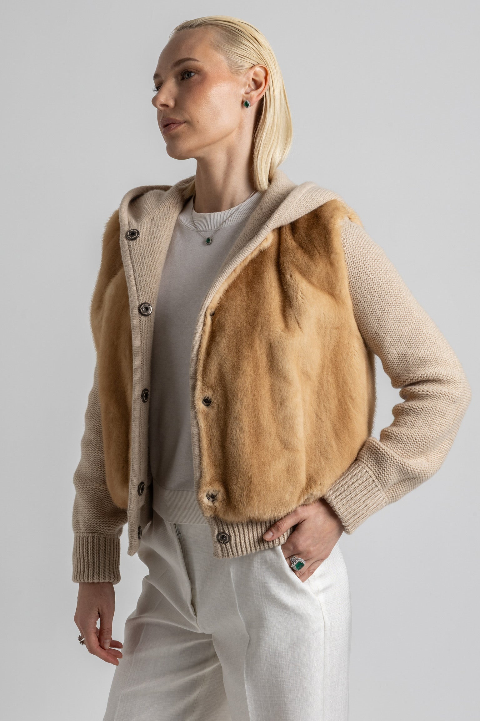 CASHMERE/PARROT PIANA BEIGE COAT WITH MINK COLLAR