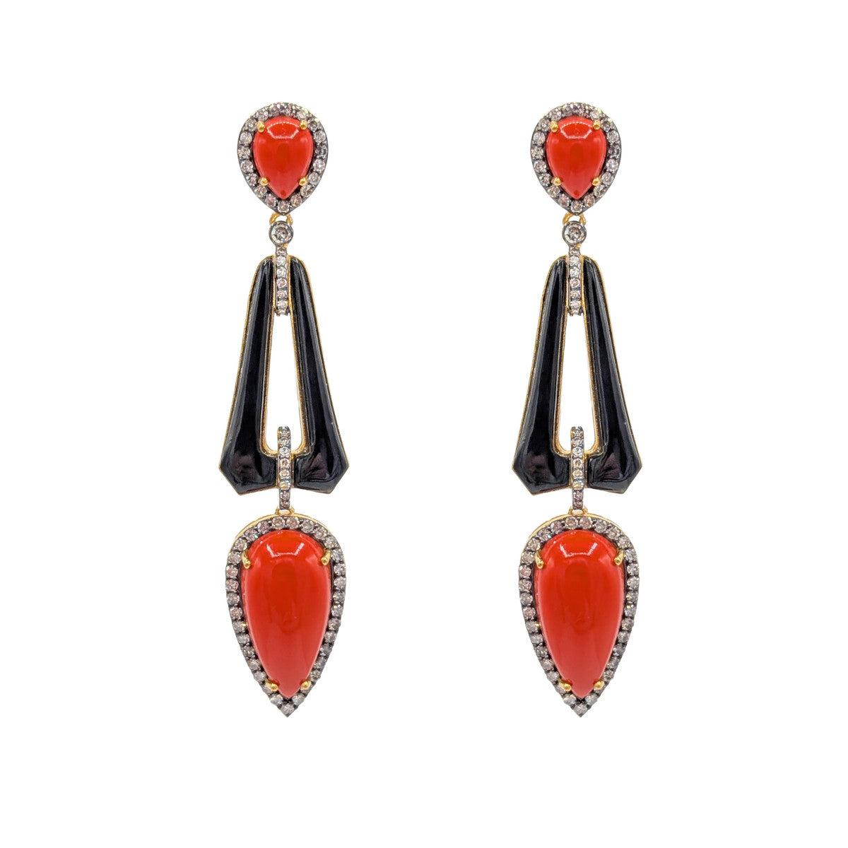 Pendientes de Oro, Diamantes, Coral, Ónix