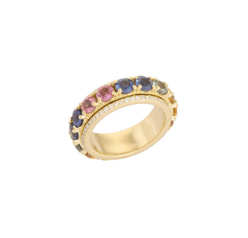 Anillo Giratorio Multizafiros Natural y Oro Amarillo