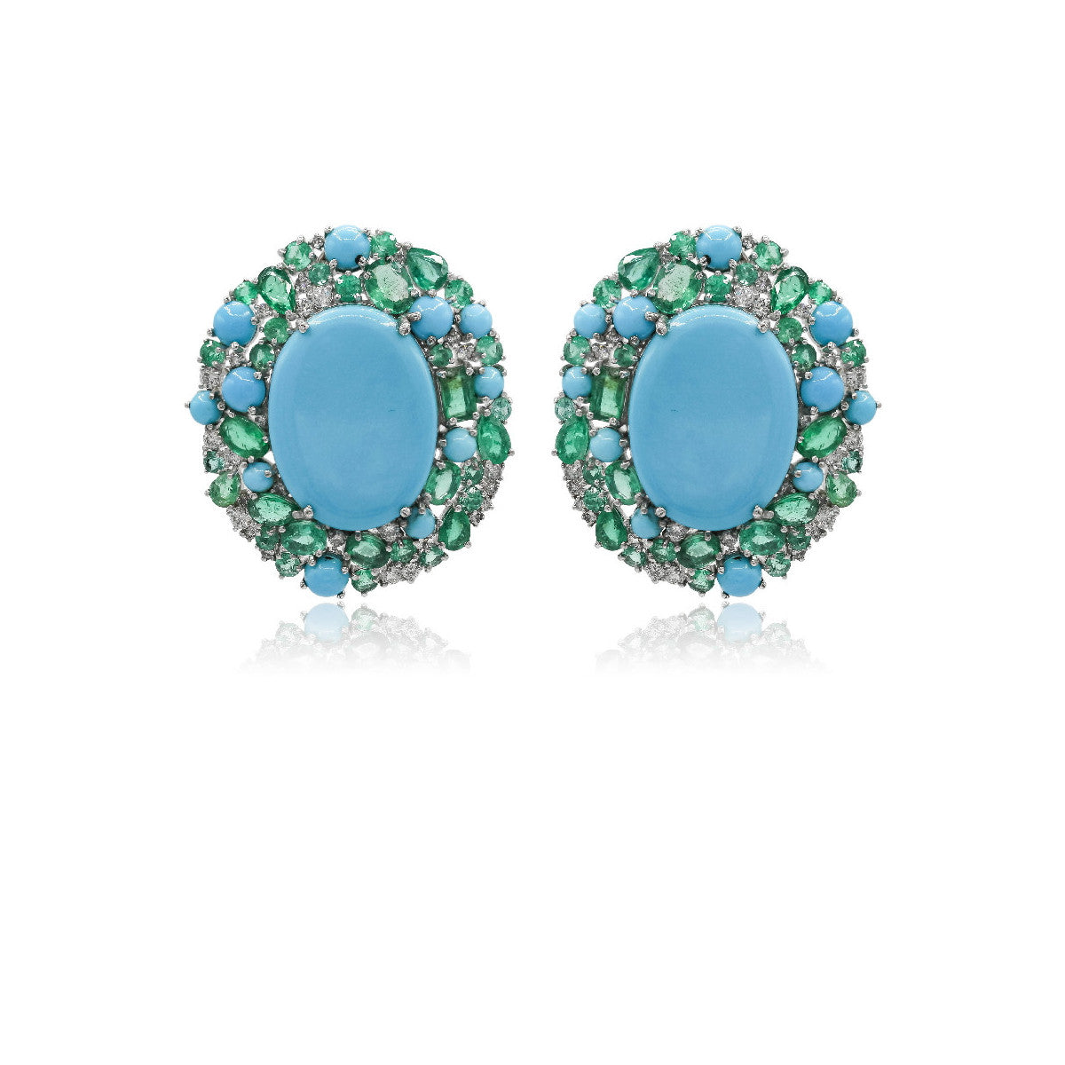 Pendientes de Oro blanco, Turquesas, Esmeraldas y Diamantes