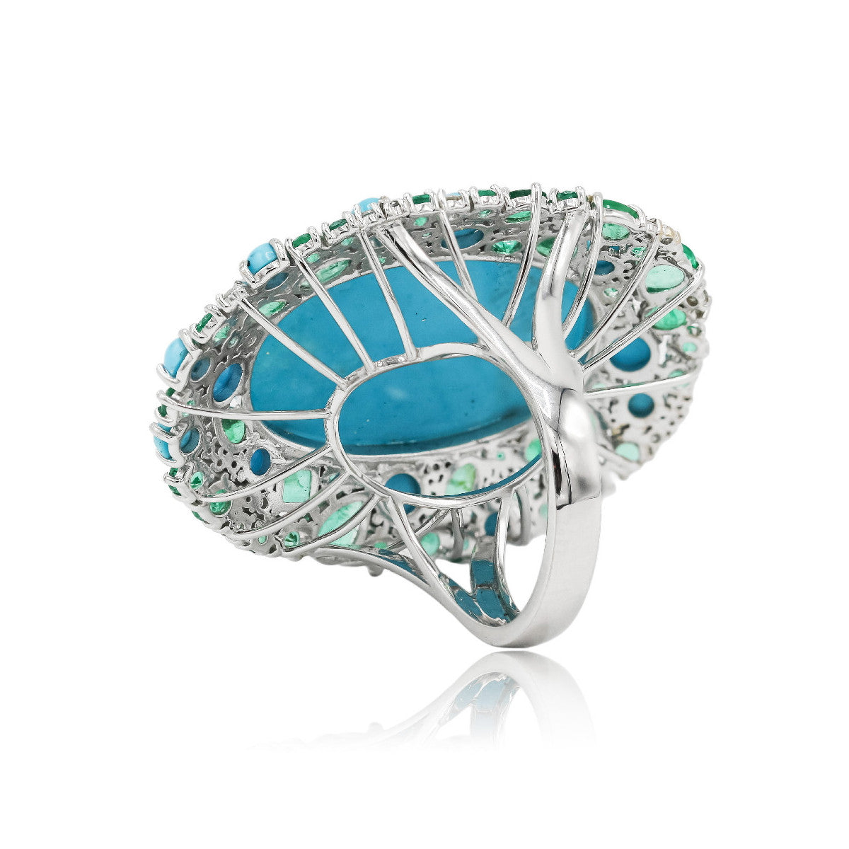 Anillo de Oro Blanco, Esmeraldas, Turquesas y Diamantes